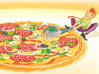 pizza, witz, humor, kebab, fastfood, service, riesig, xxl, salami, käse, kurier, bote, karikatur, person, pizza messer, schneiden